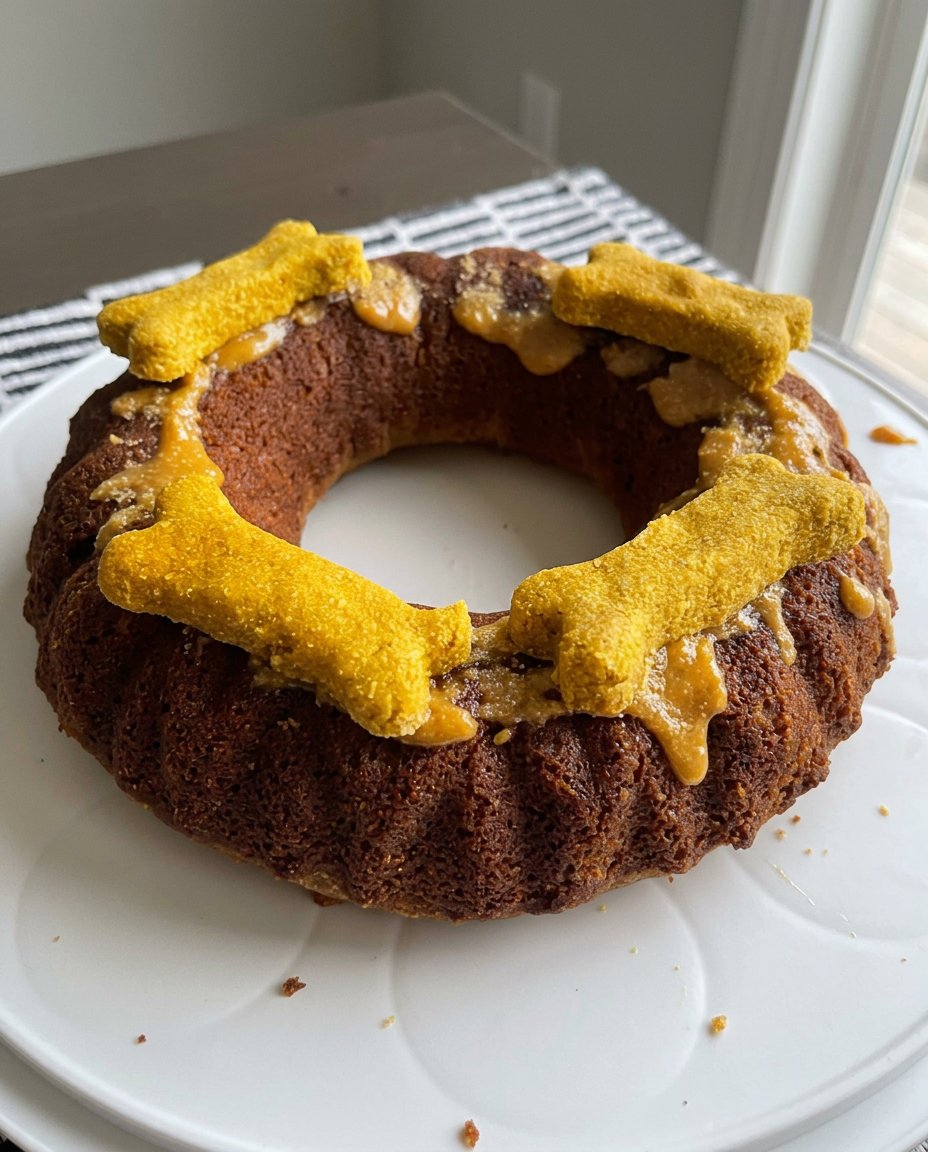A mesh strainer sifting flour over a bowl of peanut butter batter for the dog cake.
