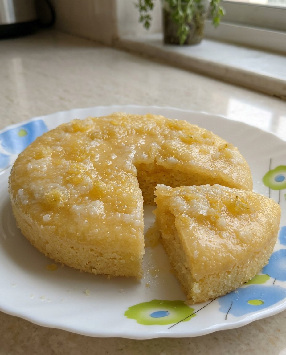 A hand using a wooden skewer to poke holes into a warm loaf cake in a tin