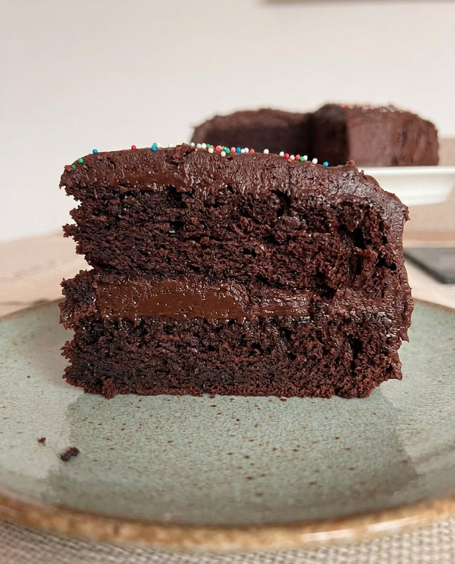 A square slice of easy chocolate cake served with a scoop of vanilla ice cream