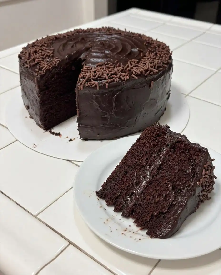 A slice of dark chocolate cake on a white plate with a fork nearby