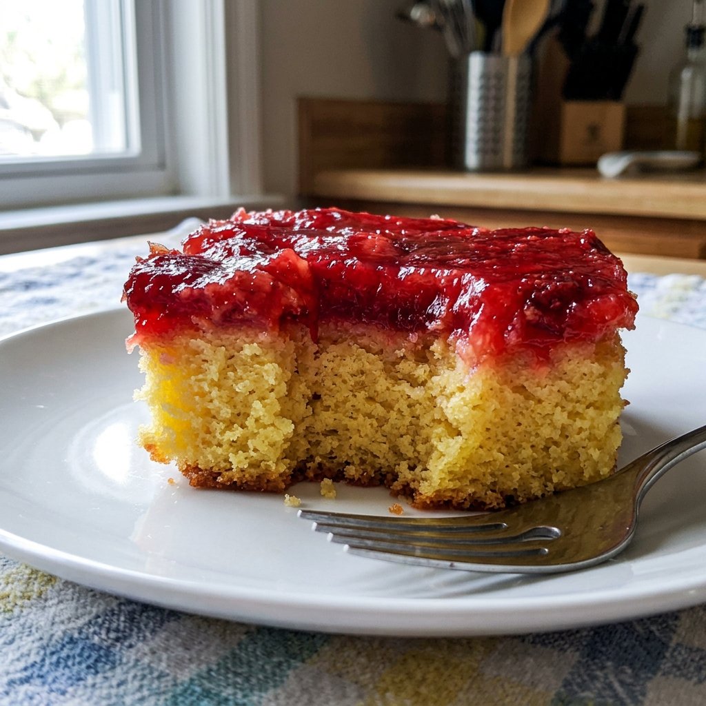 Strawberry Rhubarb Cake 2 14 A thick slice of strawberry rhubarb cake served on a ceramic plate next to a small cup of Turkish coffee.