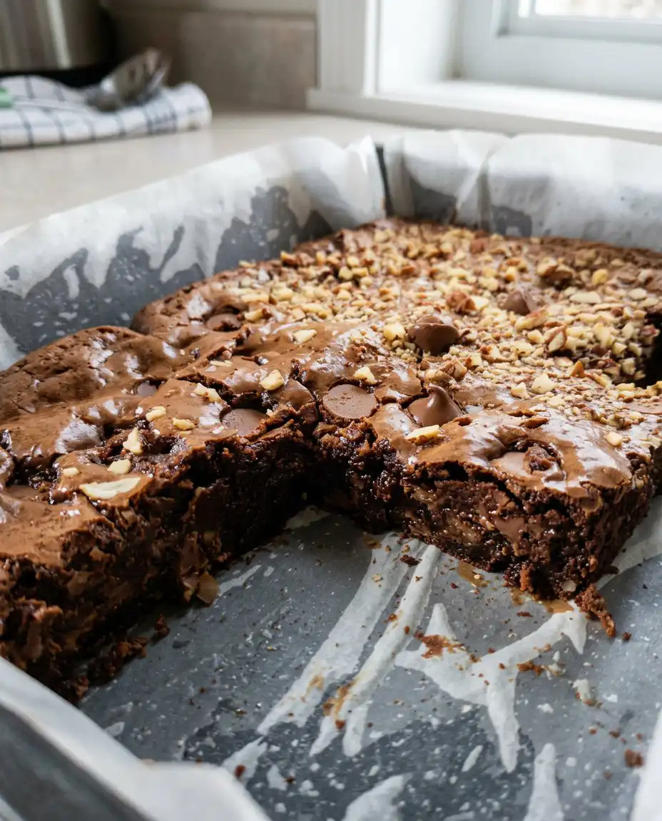 Cleanly sliced brownie cake on a white plate with cream