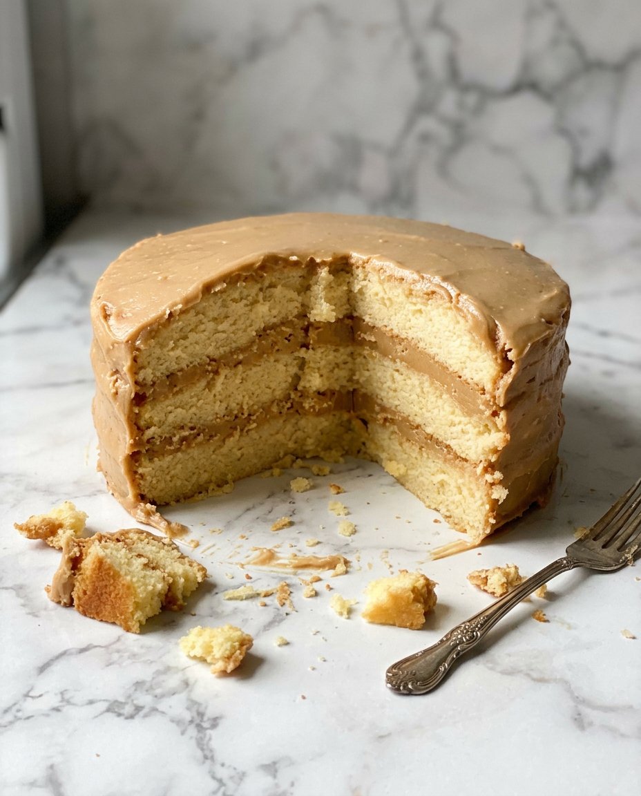 A clean slice of three layer caramel cake on a white plate