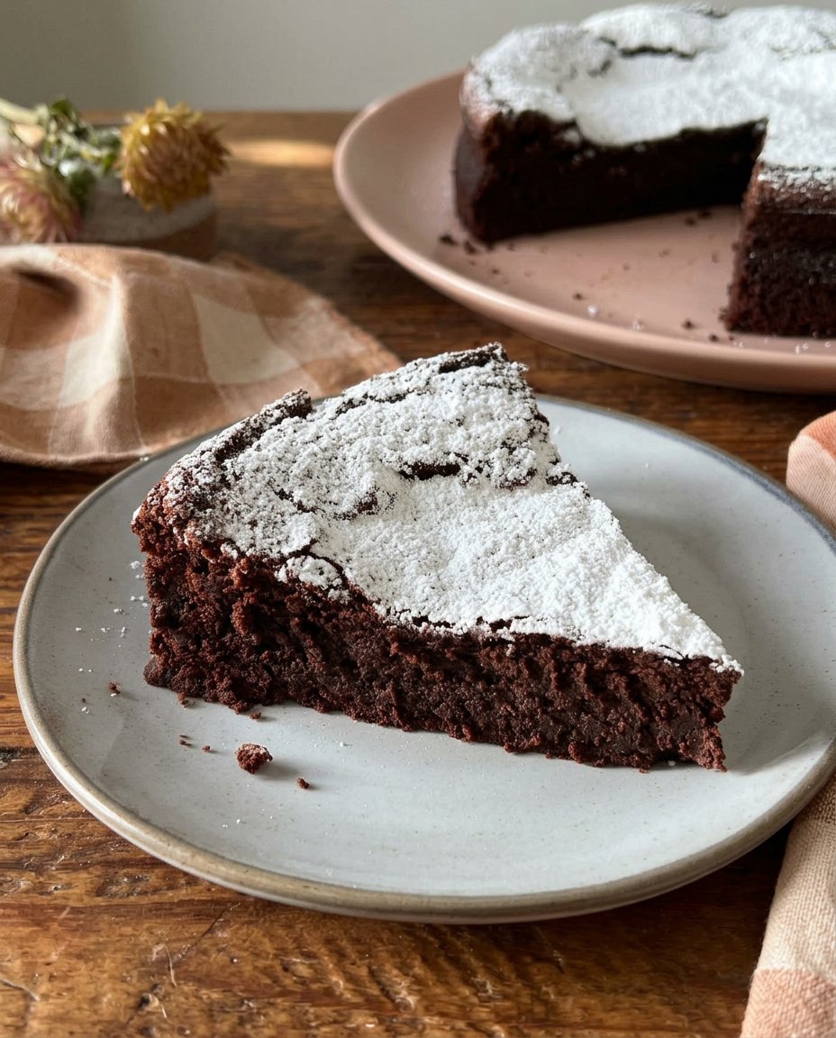 Flourless Chocolate Cake 14 A beautiful slice of flourless chocolate cake on a white plate with powdered sugar