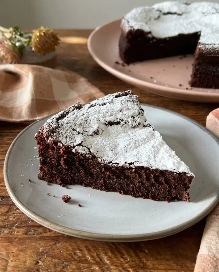 Flourless Chocolate Cake 14 A beautiful slice of flourless chocolate cake on a white plate with powdered sugar