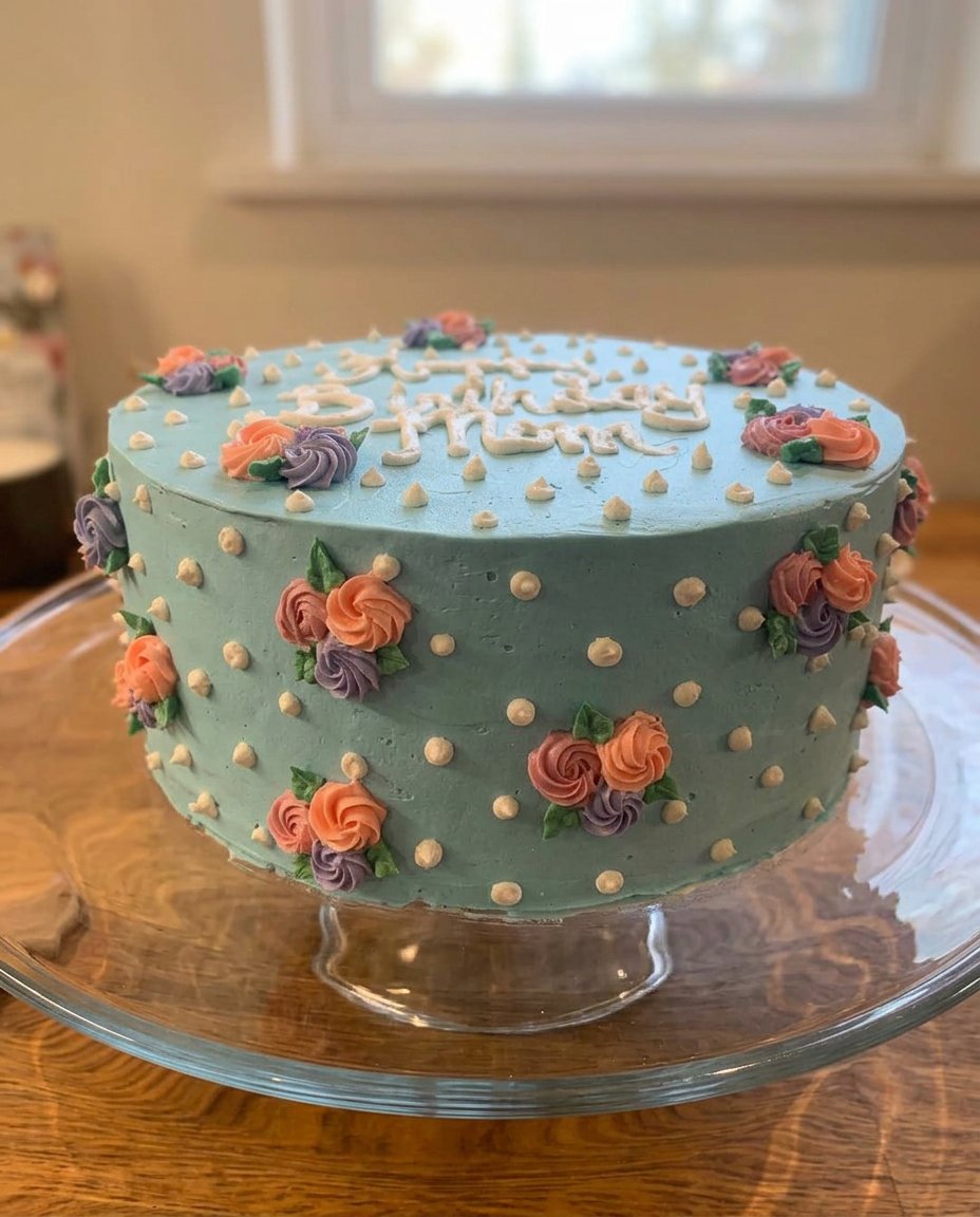 A tall slice of birthday cake showing the moist internal texture