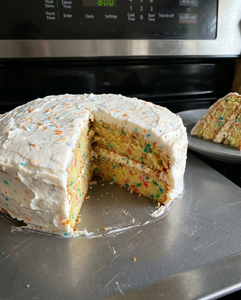 Two layers of vanilla cake with white frosting on a white serving plate