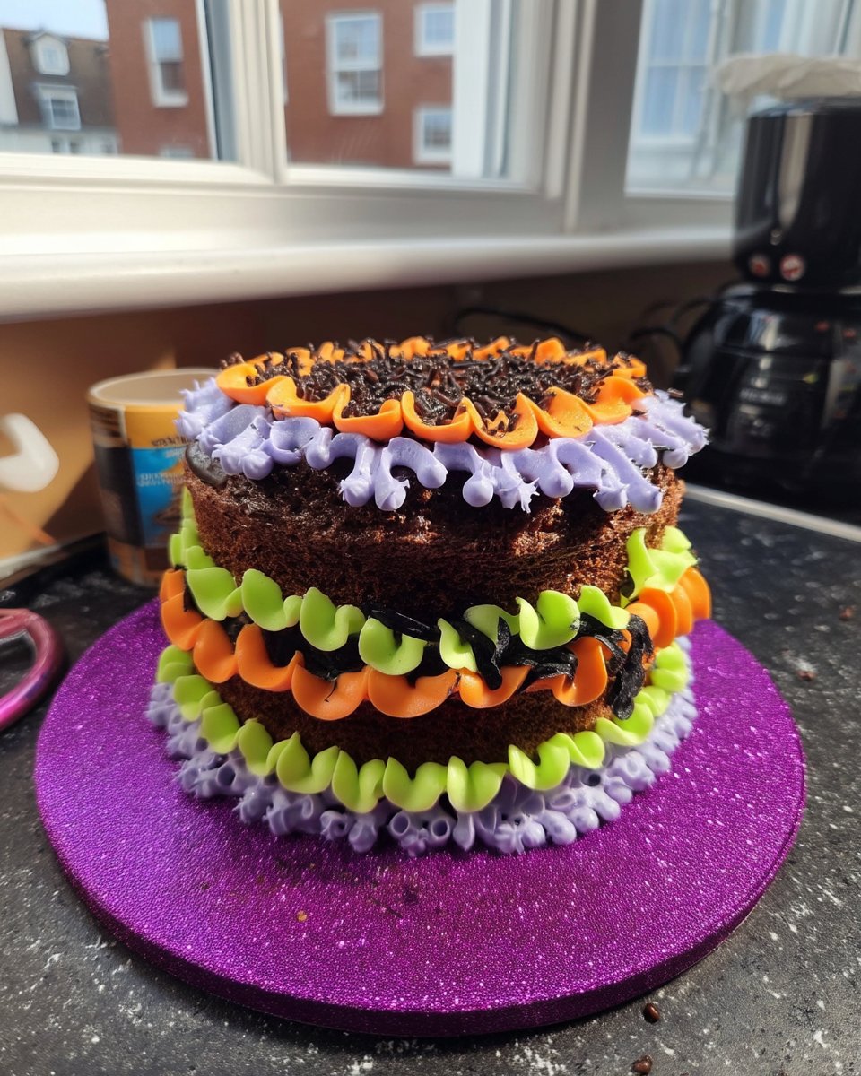 A single slice of Lambeth cake showing the colorful interior layers and thick frosting