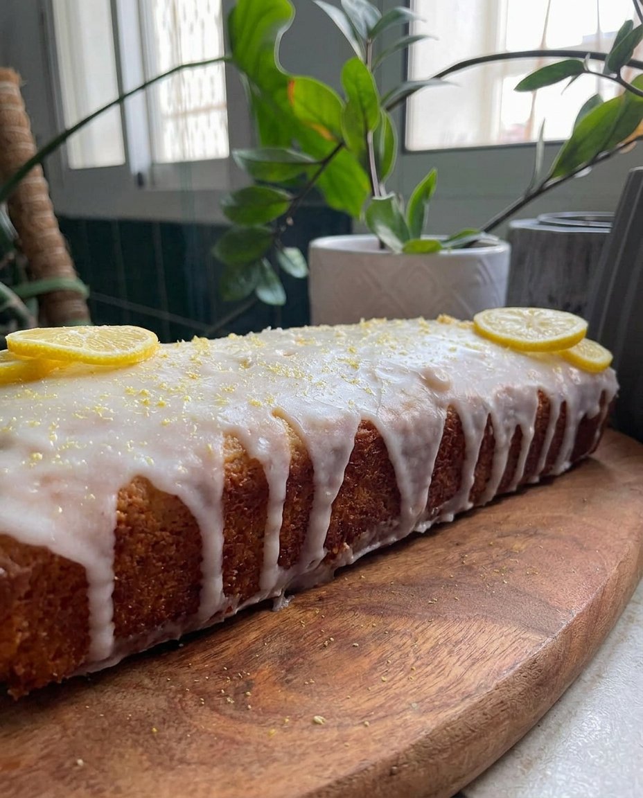 A single slice of four layer lemon cake on a ceramic plate