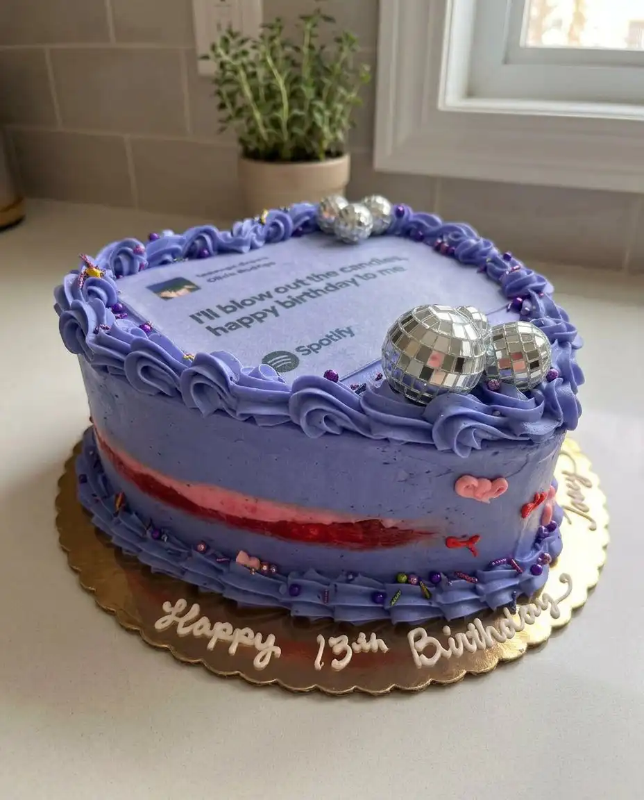 Olivia Rodrigo Cake 14 A tall slice of four layer purple cake on a white plate
