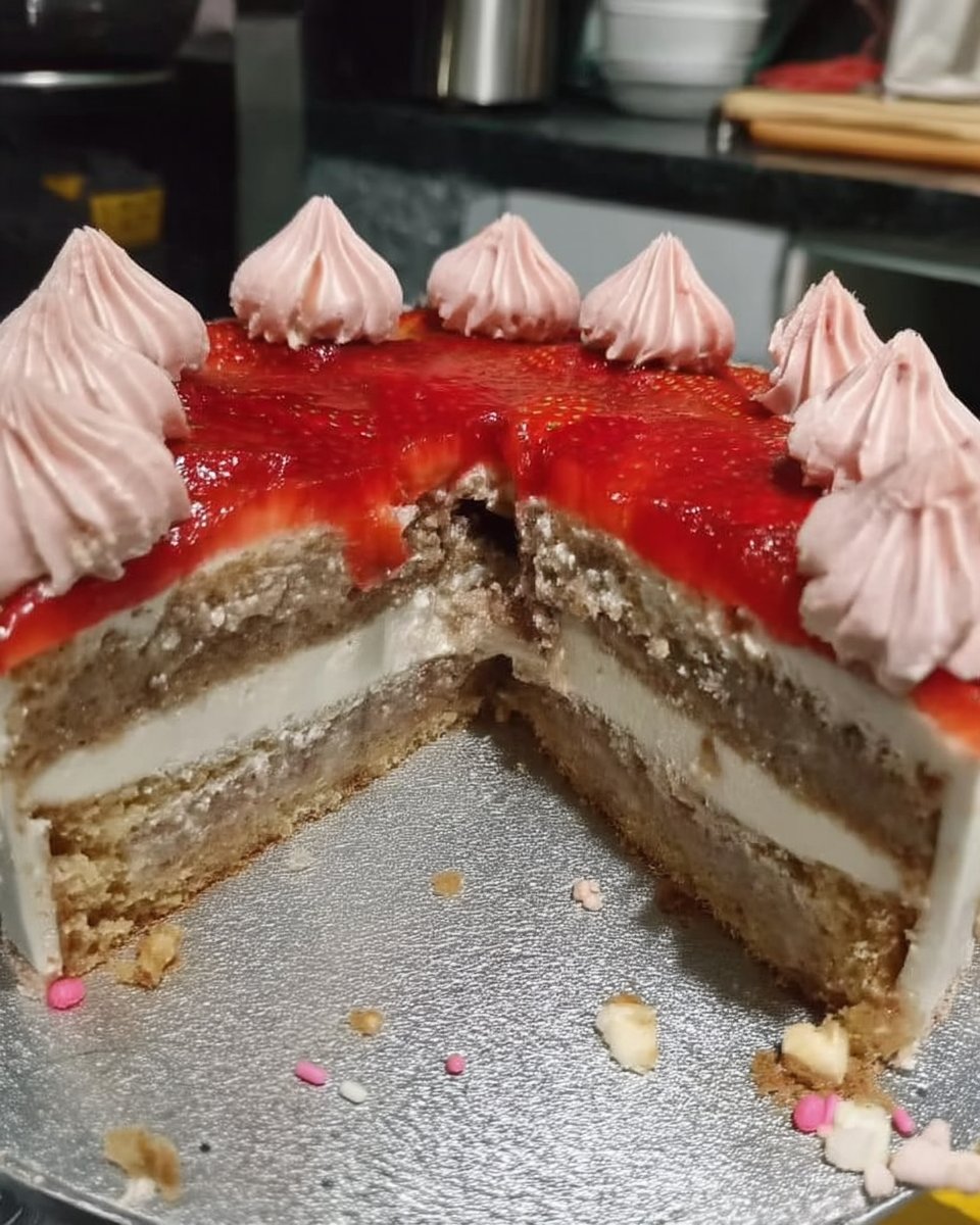 A slice of pink strawberry cake served with a cup of Turkish coffee