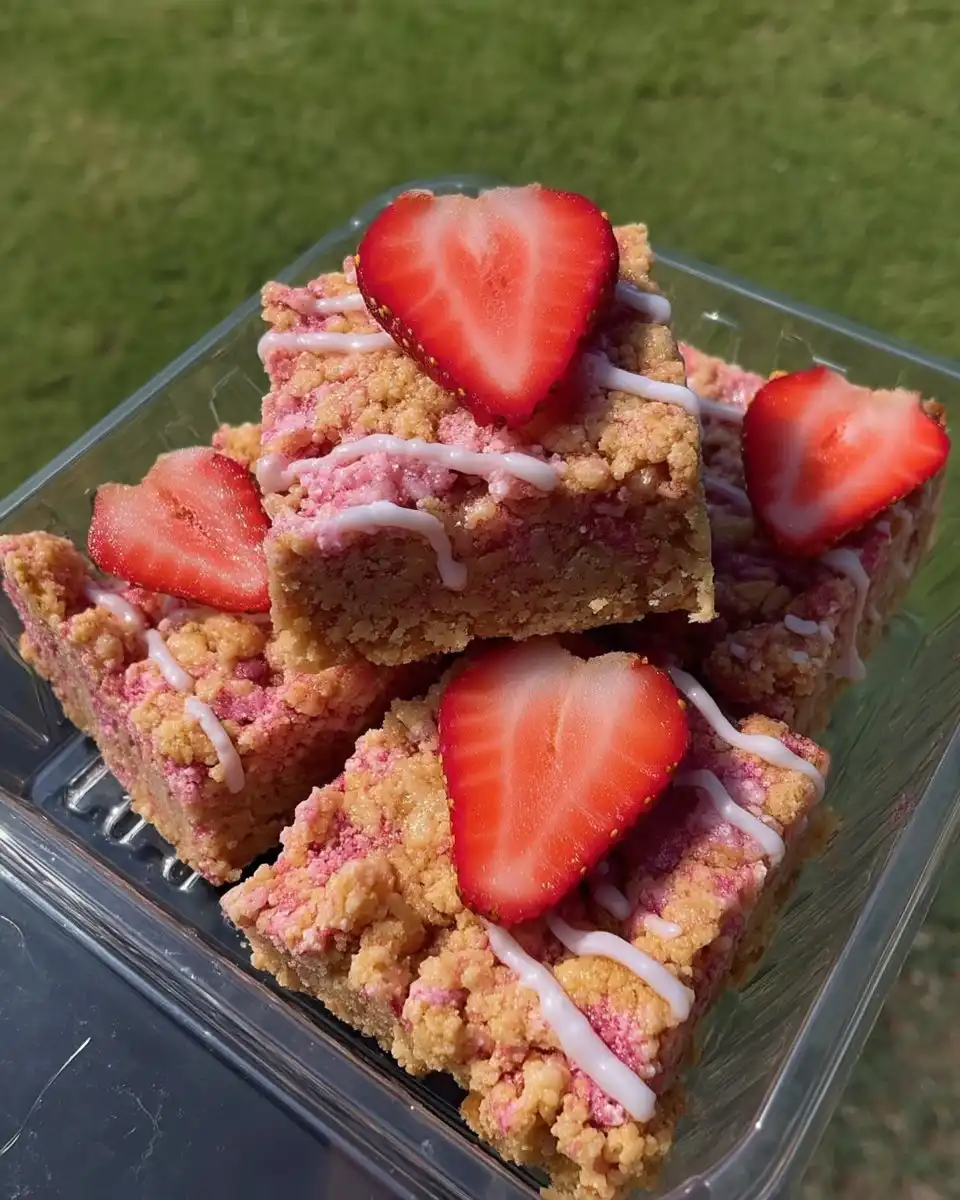 A beautiful slice of strawberry crunch cake served on a Mediterranean style plate