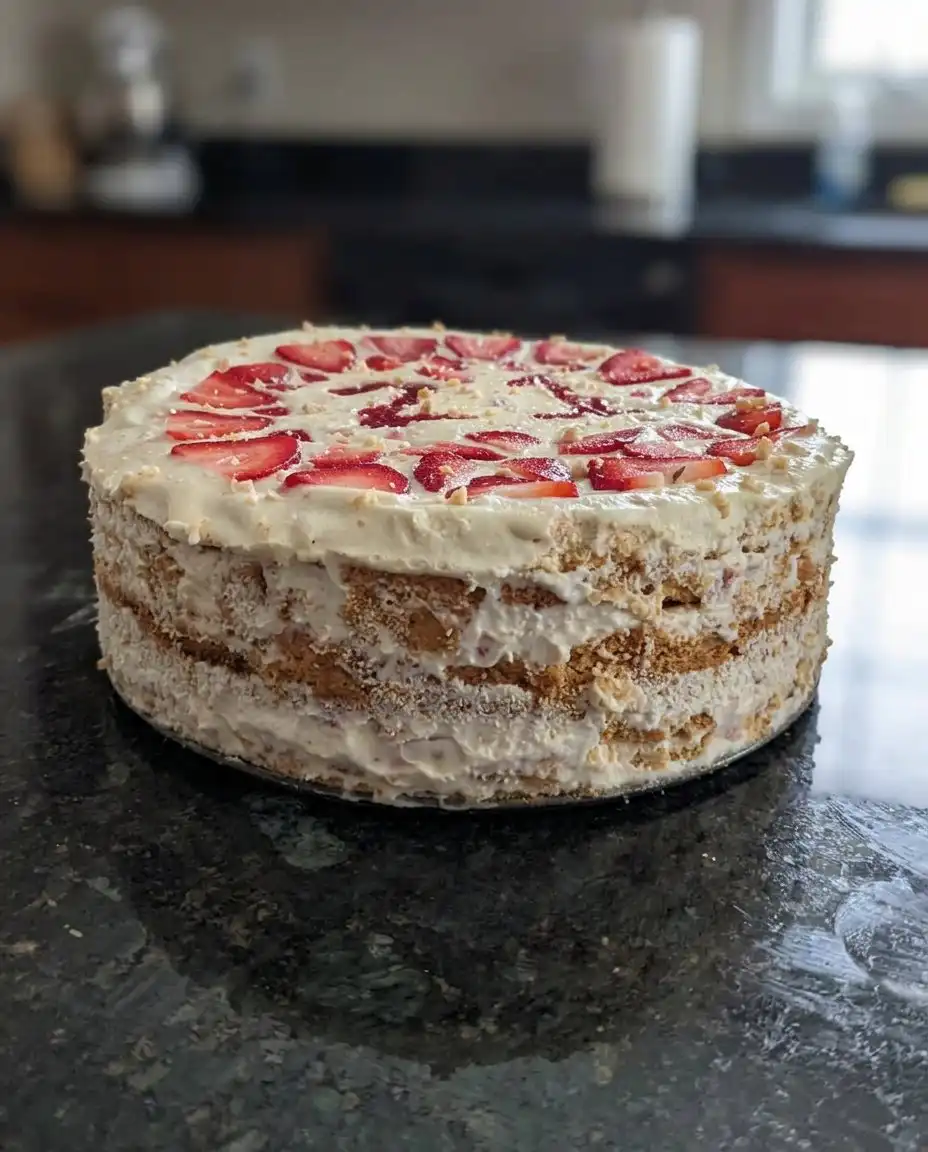 A rectangular strawberry icebox cake on a white serving platter garnished with berries