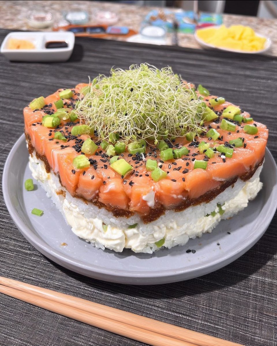 A chef slicing fresh salmon for a sushi cake