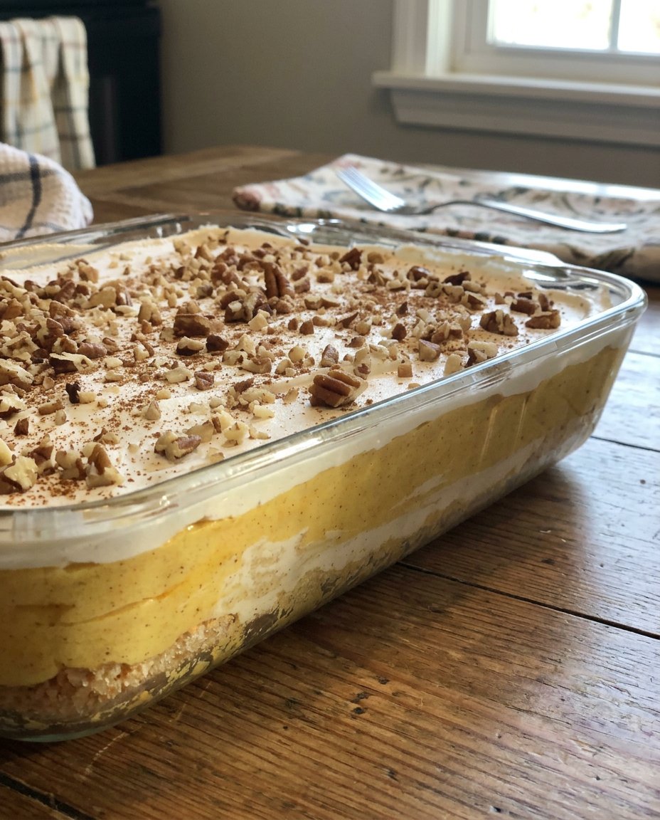 Thanksgiving Cake 13 A close-up of a hand using an offset spatula to spread a white cream cheese layer over a golden baked pecan crust.