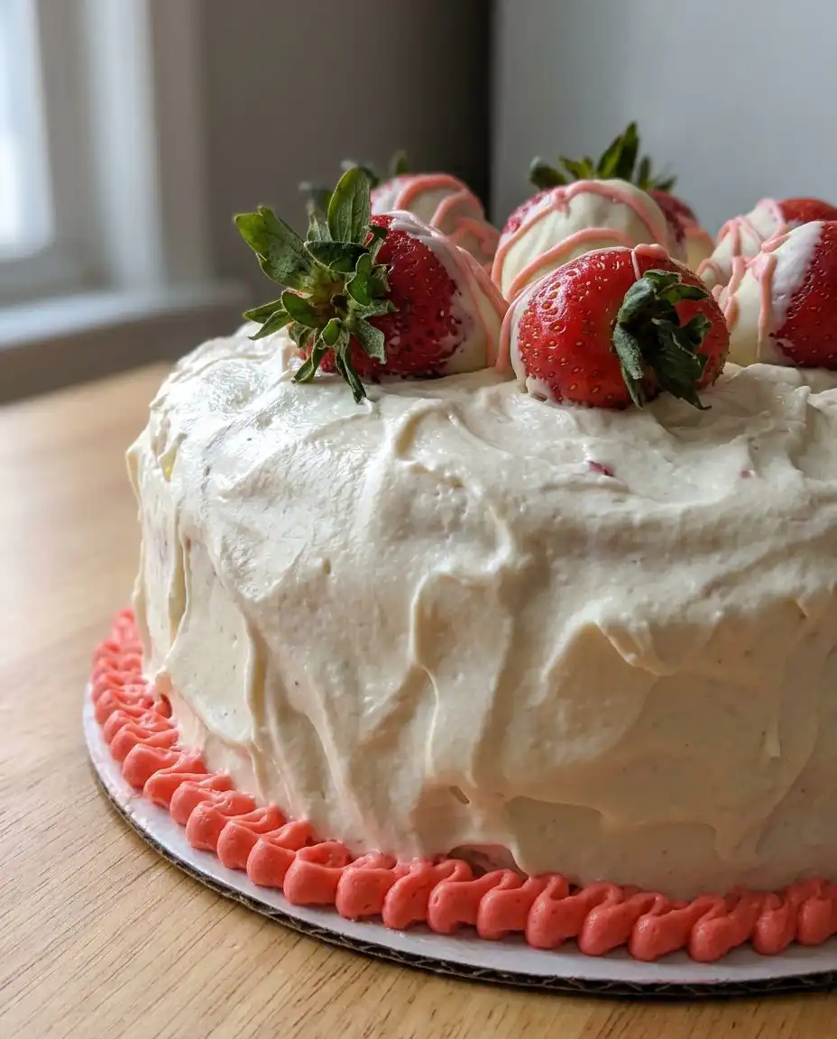 Strawberry Cake 3 13 A bowl of fluffy pink strawberry cream cheese frosting being whisked.
