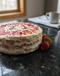 A close up shot of a sliced strawberry icebox cake showing the soft layers of graham cracker and cream