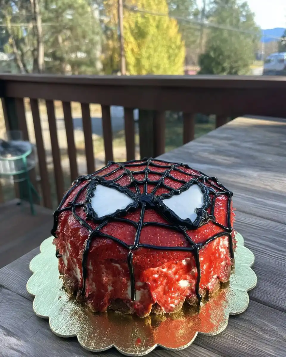 A slice of moist chocolate cake from a Spiderman themed cake being served on a plate