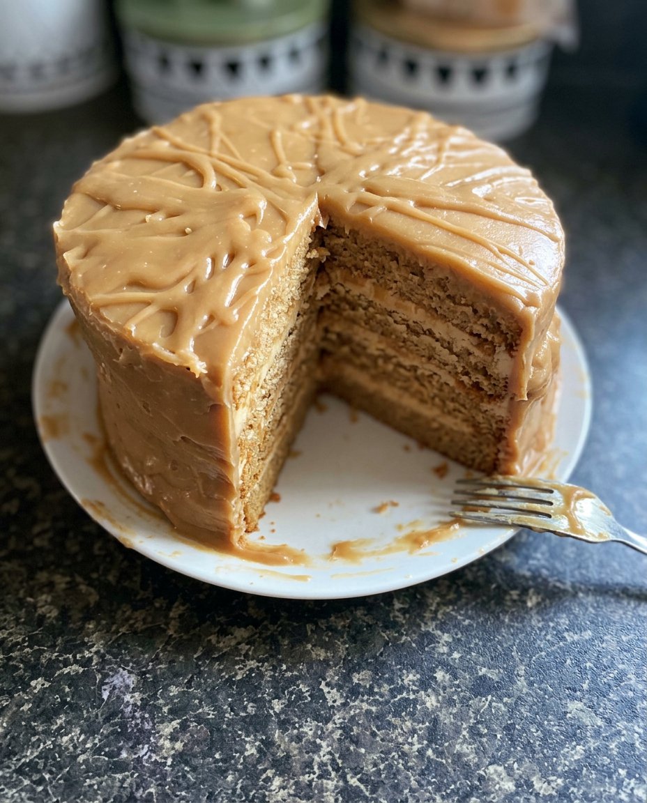 A pastry chef using an offset spatula to spread thick caramel frosting over cake layers