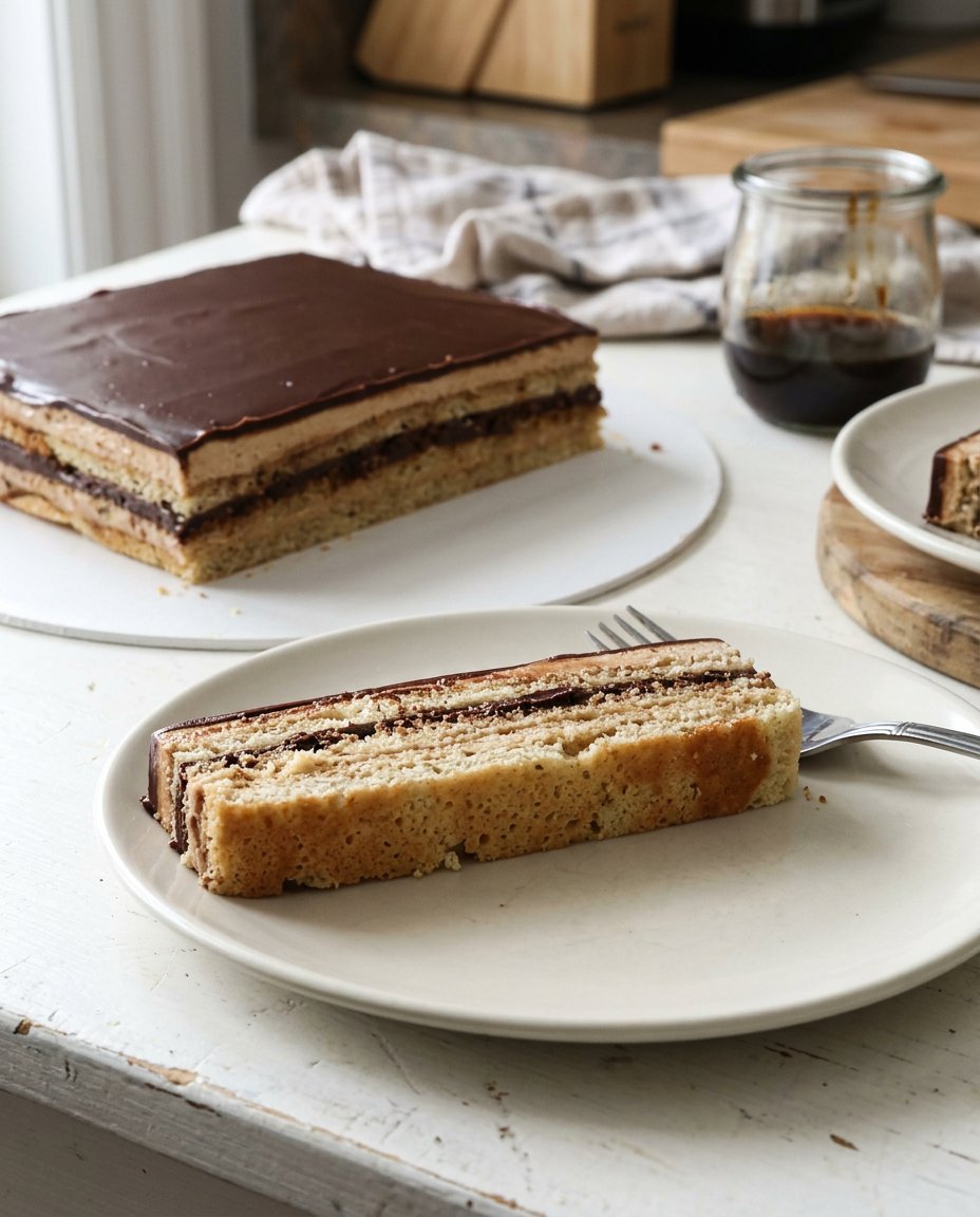 A pastry chef spreading smooth coffee buttercream over an almond sponge