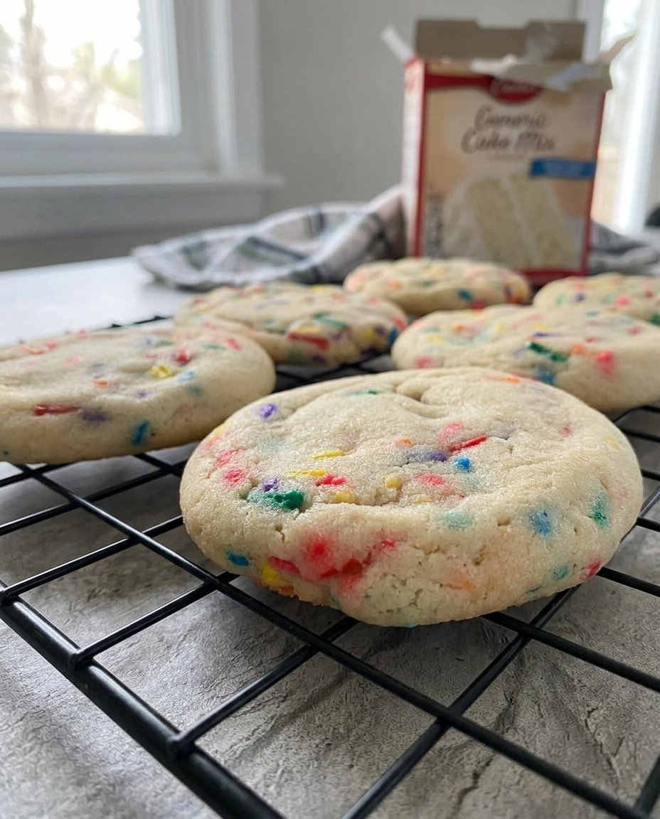 A stack of colorful cake mix cookies highlighting their consistent shape