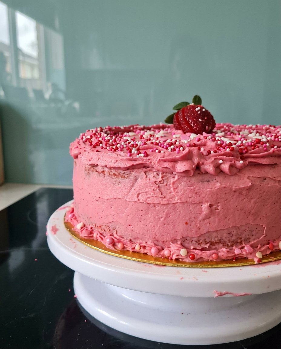 A slice of strawberry cake served next to a cup of turkish coffee