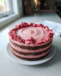 A close up shot of a Strawberry Chocolate Cake showing the moist pink crumb and white chocolate frosting