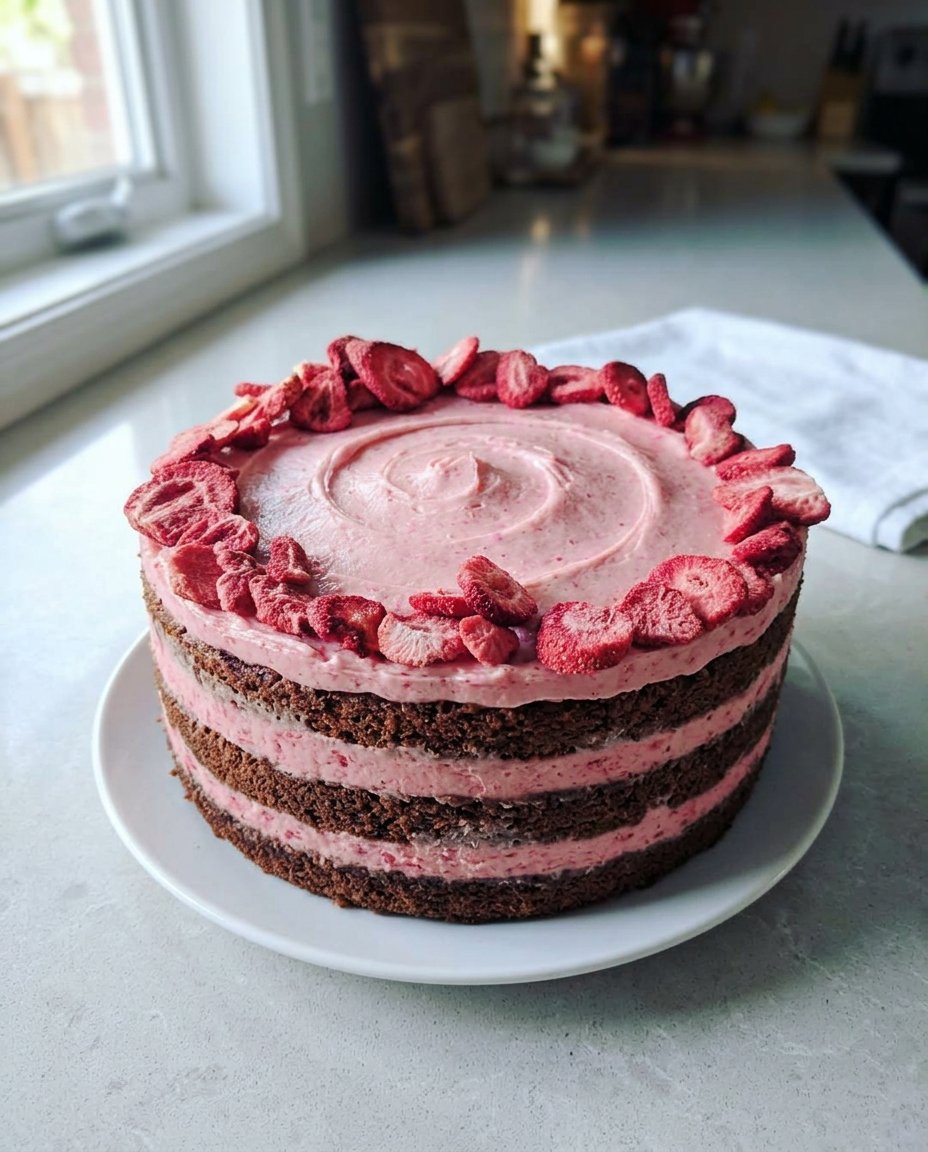 A close up shot of a Strawberry Chocolate Cake showing the moist pink crumb and white chocolate frosting