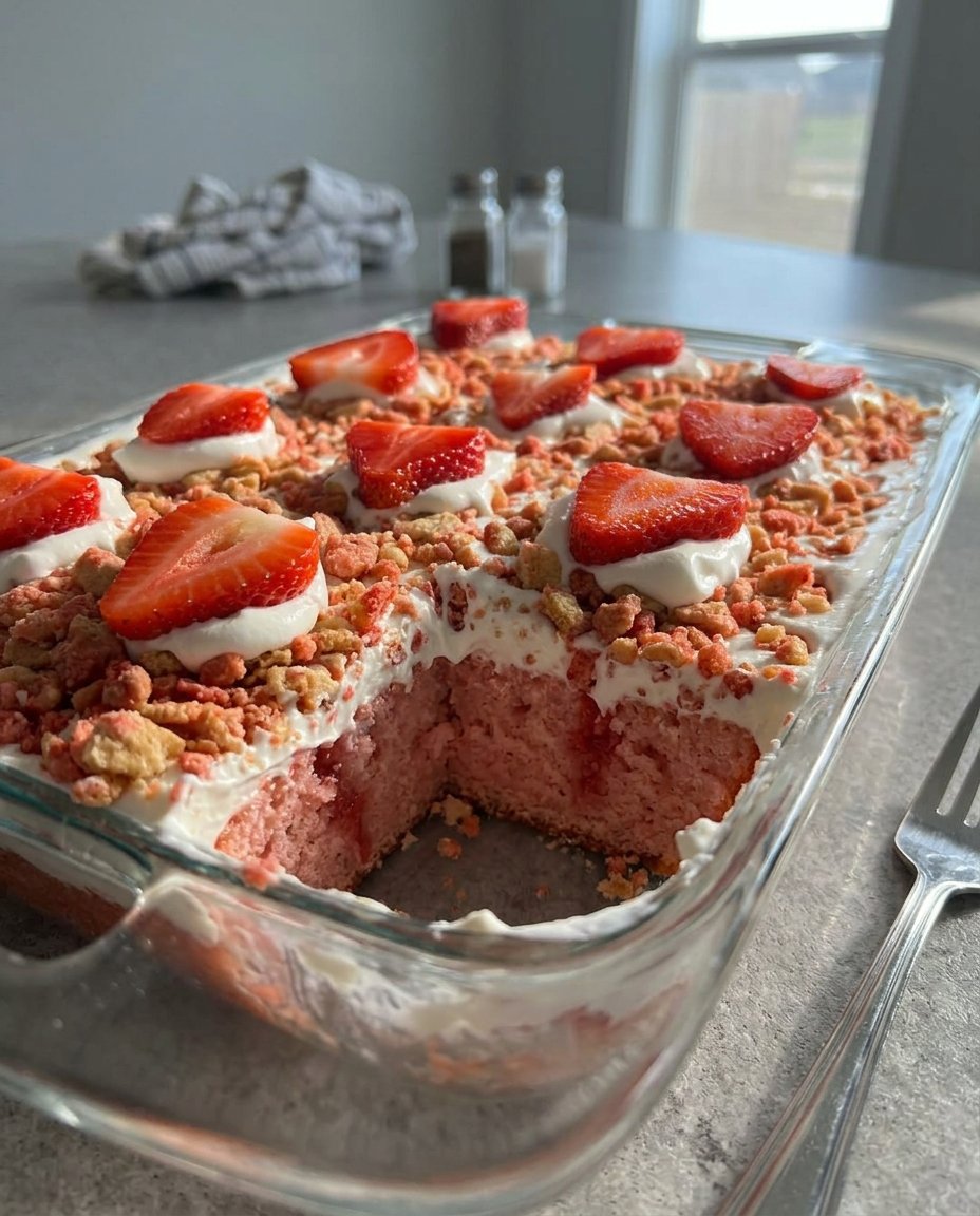 A close up shot of a slice of Strawberry Poke Cake showing the deep red fruit filling soaking into the white sponge