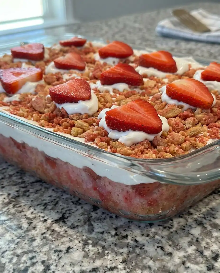 Strawberry Poke Cake 3 14 A slice of strawberry poke cake served on a decorative plate next to a cup of Turkish coffee