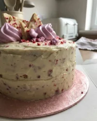 A golden strawberry prosecco cake glistening with syrup and fresh berries on a cake stand.