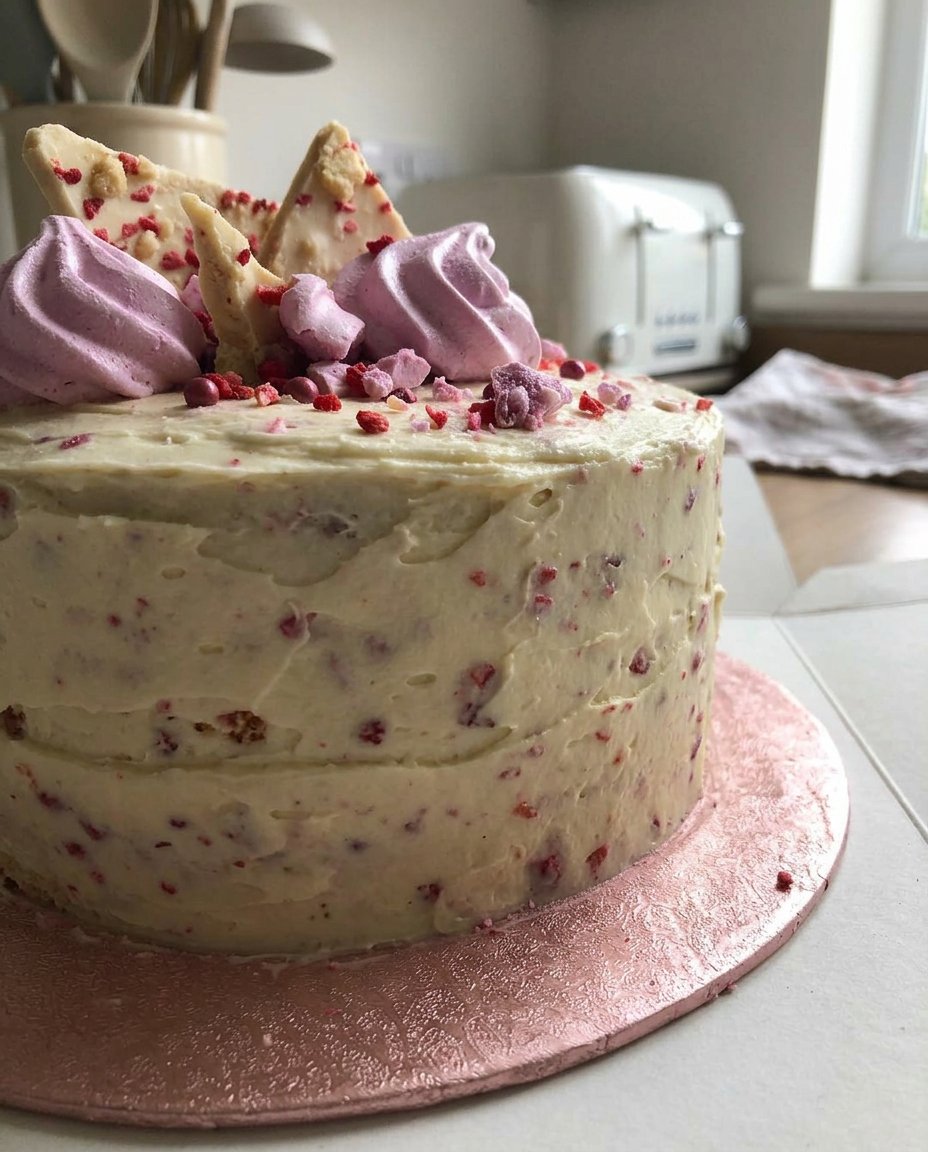 A golden strawberry prosecco cake glistening with syrup and fresh berries on a cake stand.