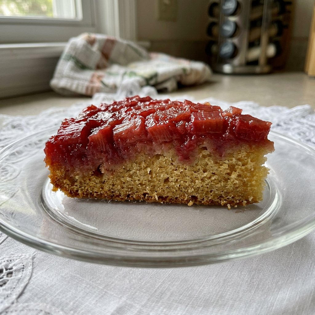 A golden brown strawberry rhubarb cake topped with streusel cooling on a wire rack.