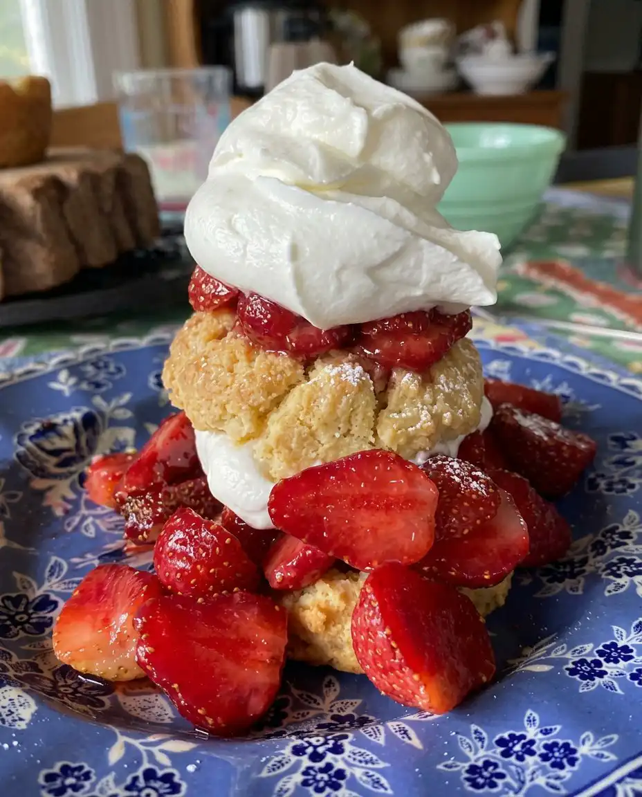 A finished strawberry shortcake served on a beautiful plate next to a cup of traditional Turkish coffee.