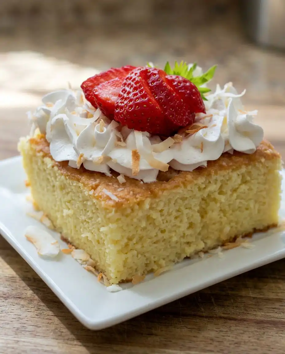 Strawberry tres leches cake served on a plate with Turkish coffee
