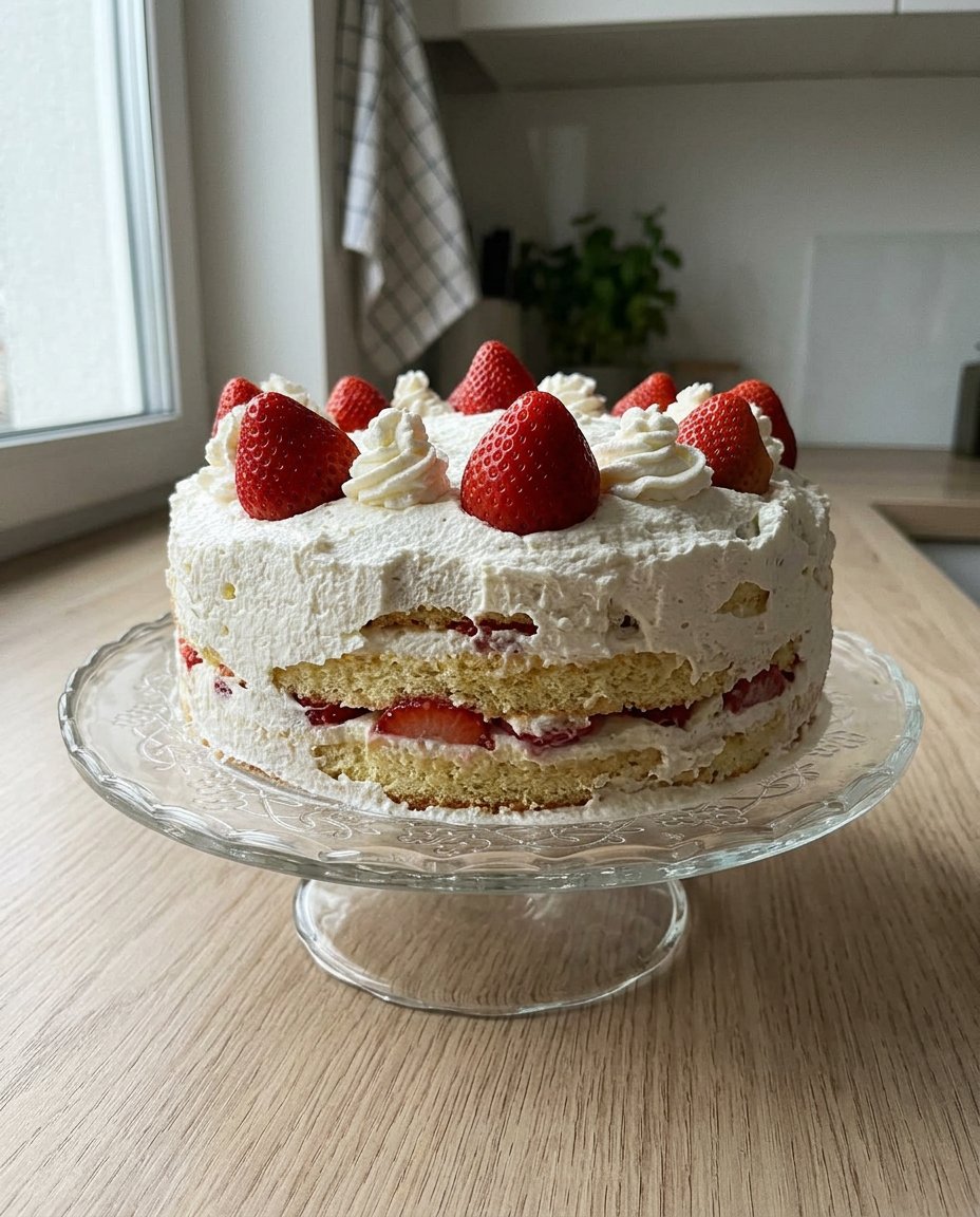 A close up of a multi layered strawberry vanilla cake with creamy yogurt frosting and macerated berries