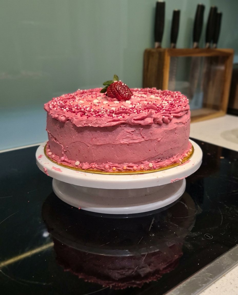 A close up shot of a strawberry yogurt cake being sliced to show the moist crumb