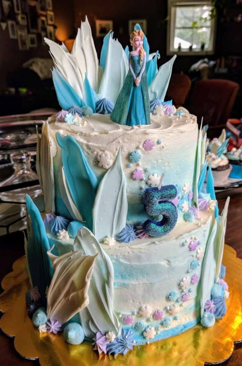 Two levels of yoghurt cake stacked and ready for fondant decoration