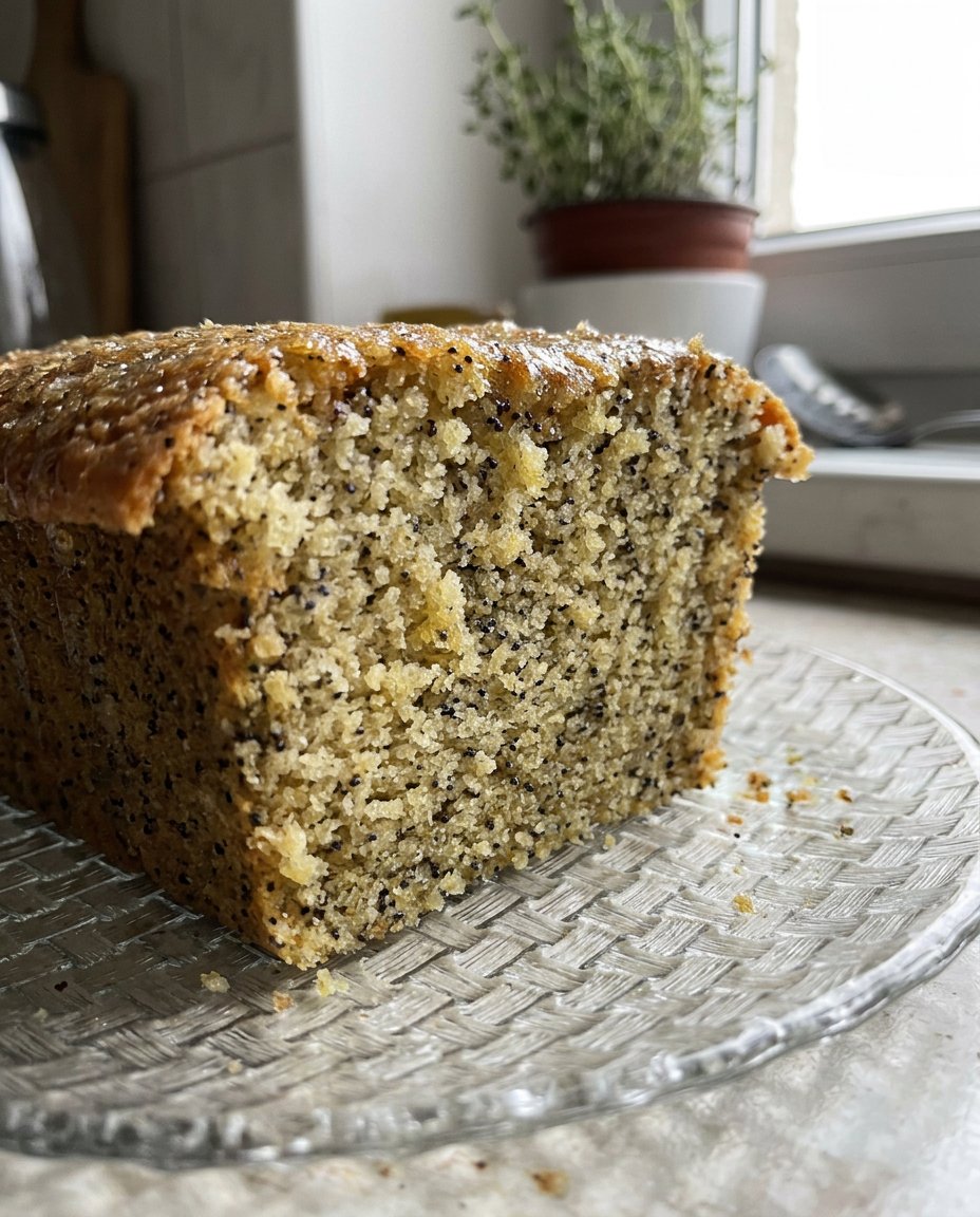 A close up shot of a slice of lemon poppy seed cake with thick cream cheese frosting and a lemon curd swirl.