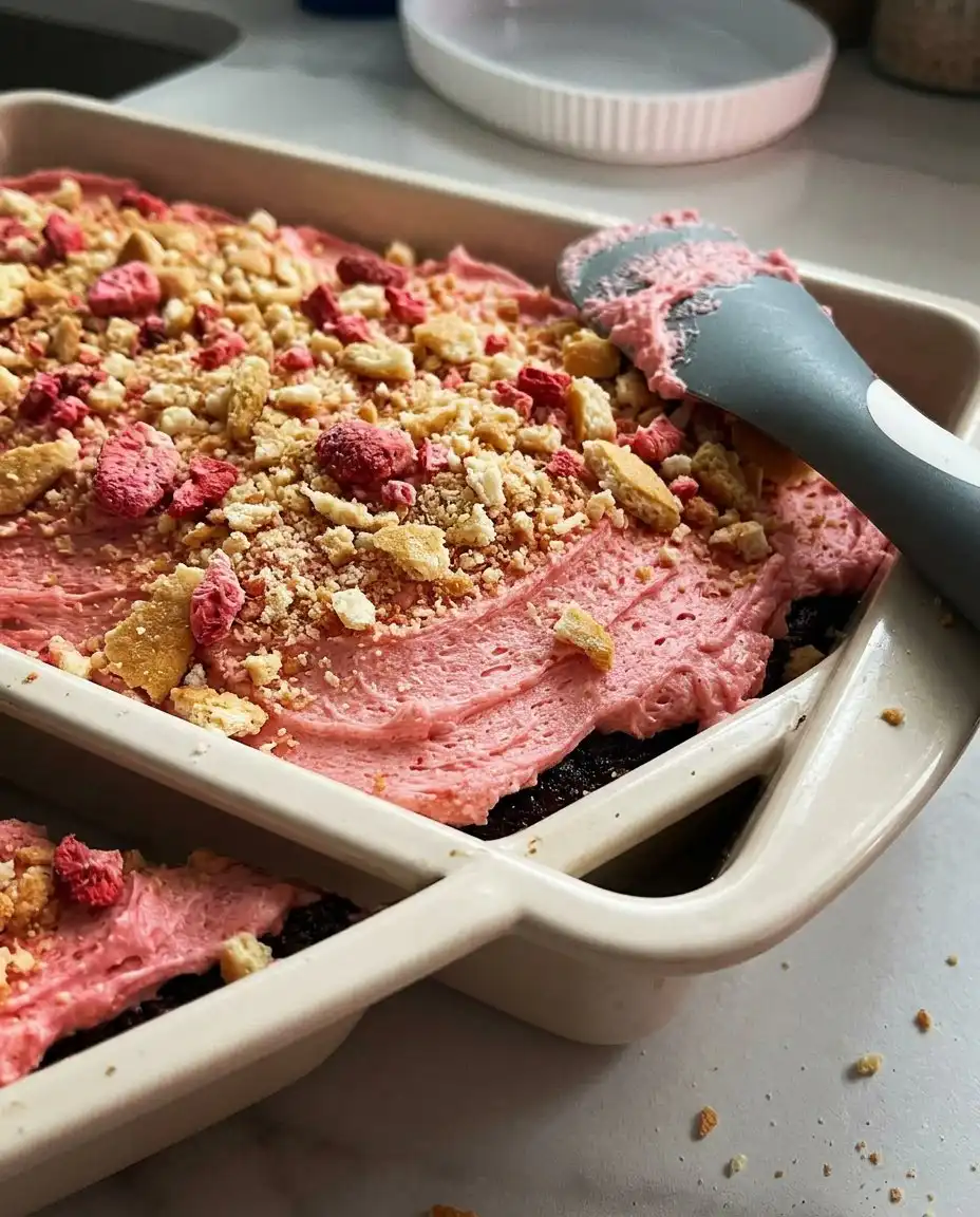 Strawberry Crunch Cake 13 Hand pouring strawberry gelatin syrup over a poked white cake.