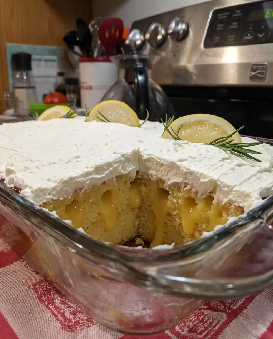 Lemon Poke Cake 10 A close up of a lemon poke cake with a glossy glaze and fresh lemon zest