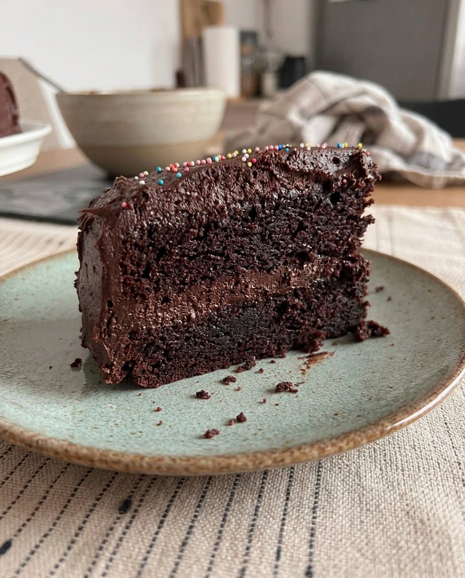 A close up view of a tender easy chocolate cake in a sheet pan with glossy icing