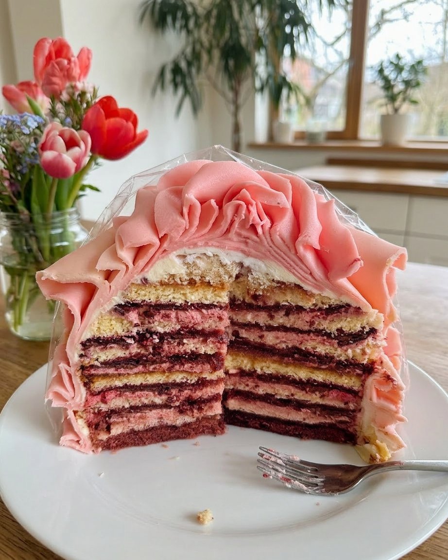 A heart-shaped rose cake covered in real pink rose petals on a white cake stand