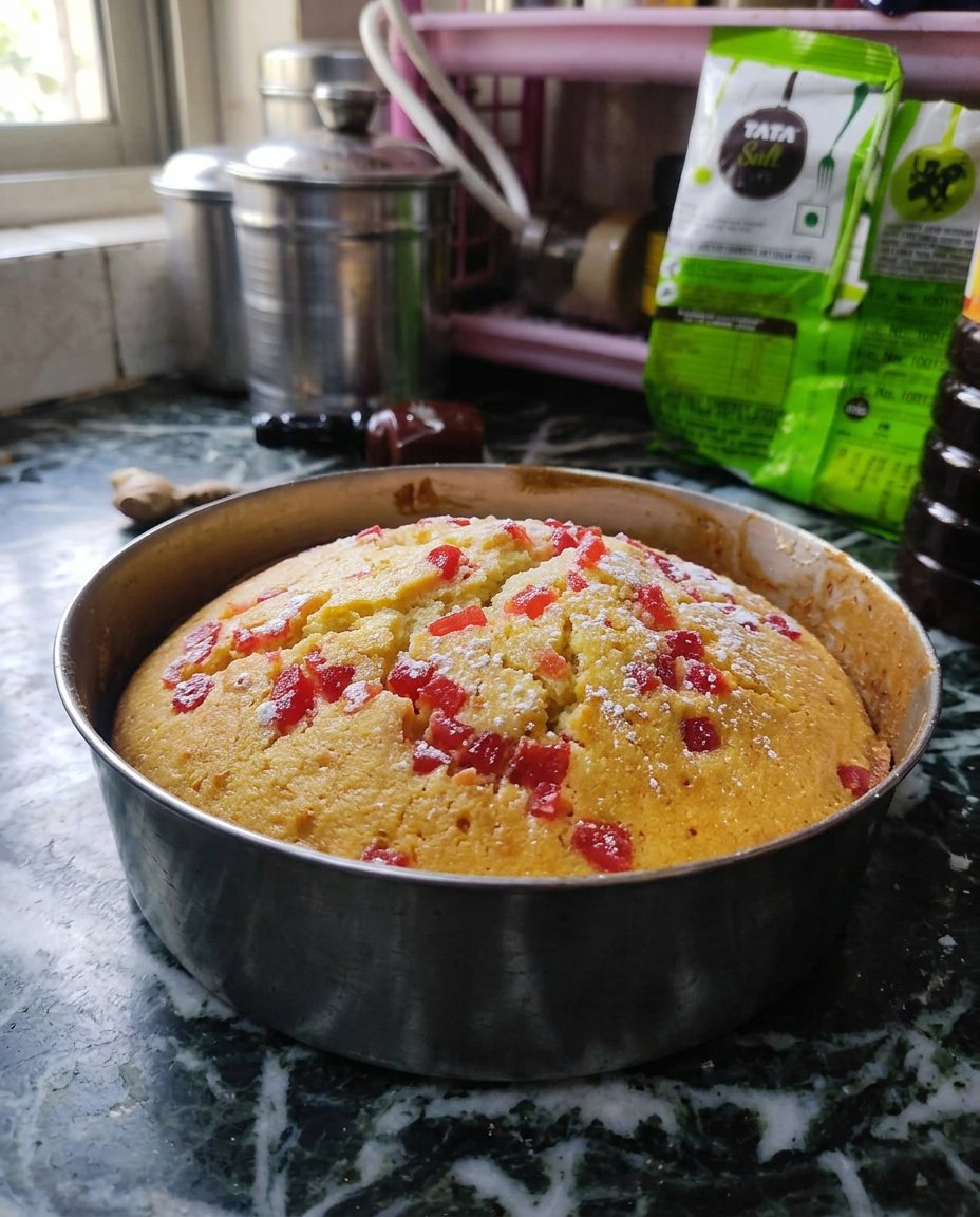A hand inserting a toothpick into a golden brown cake to check for doneness