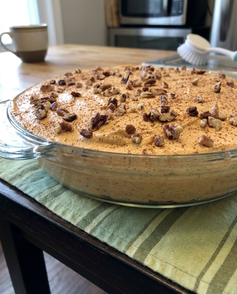 A side view of a sliced Thanksgiving Cake showing distinct layers of pecan crust, cream cheese, and pumpkin pudding topped with whipped cream.