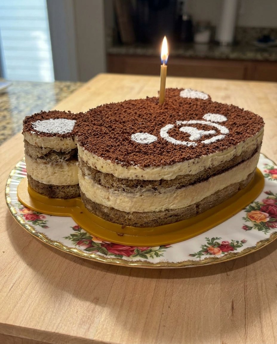 Side view of Tiramisu Cake showing distinct layers of espresso-soaked ladyfingers and mascarpone cream