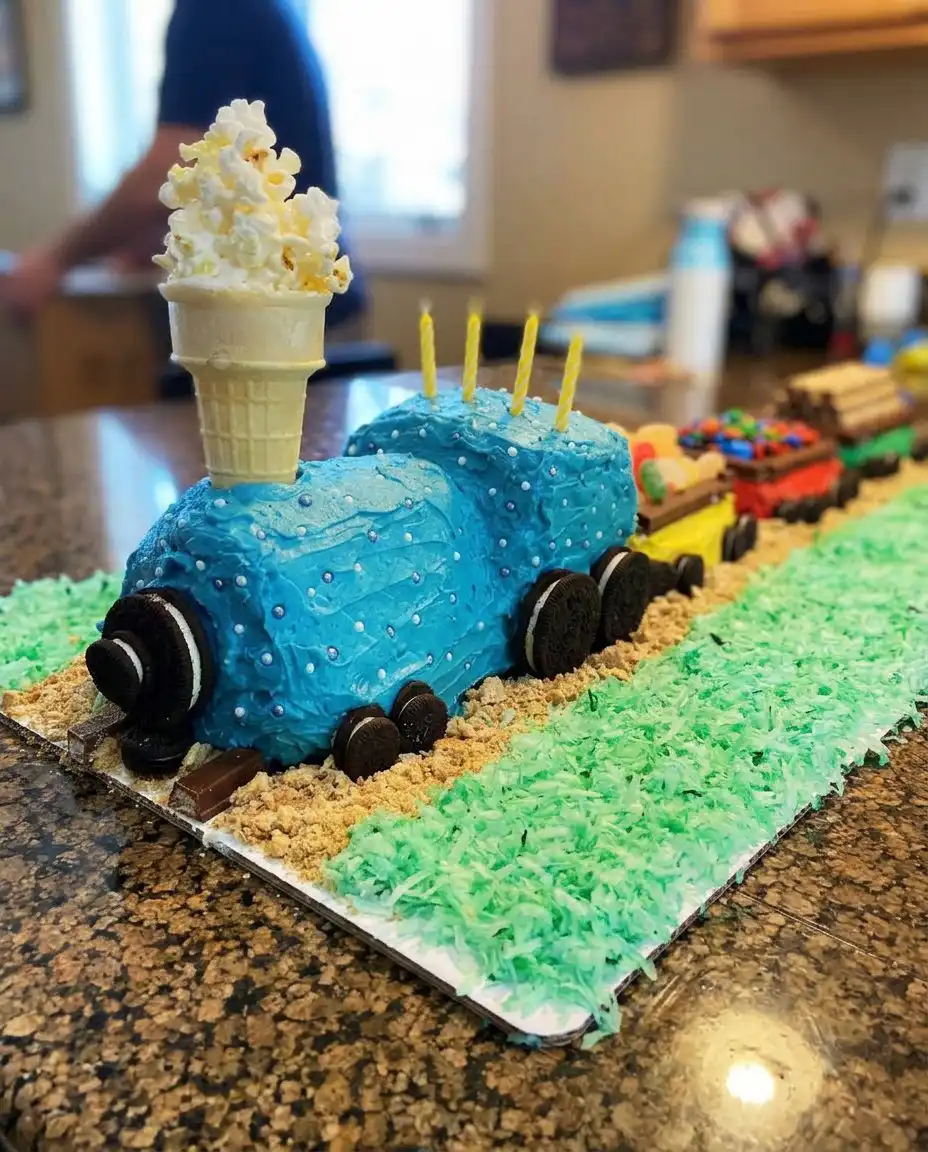Ingredients for train cake including pound cake mix and icing colors