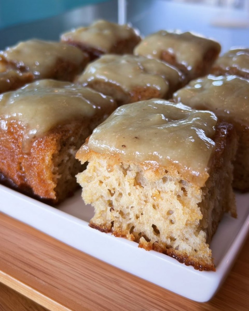 A hand using a fork to poke many holes into a golden brown baked cake in a glass dish.