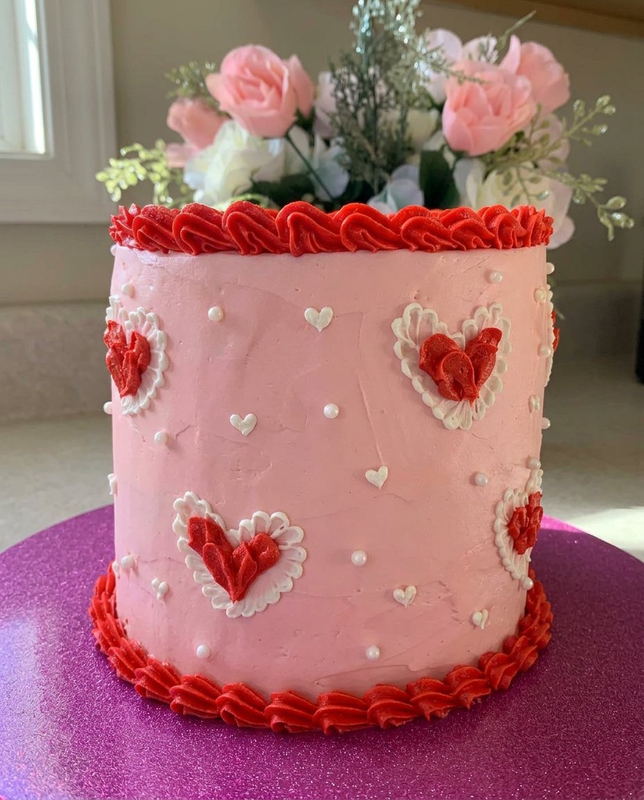 Valentines Day Cake 12 Cake mix boxes eggs oil and pink food coloring on a kitchen counter