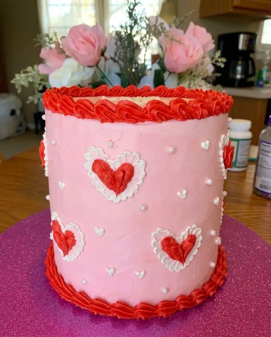 A fully decorated Valentines Day cake with cherries and heart sprinkles on top